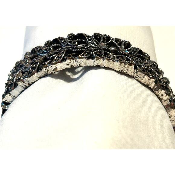 Statement Filigree Bracelet Clear and Black Stones on Silver Tone Hinged Clamper - Picture 8 of 10